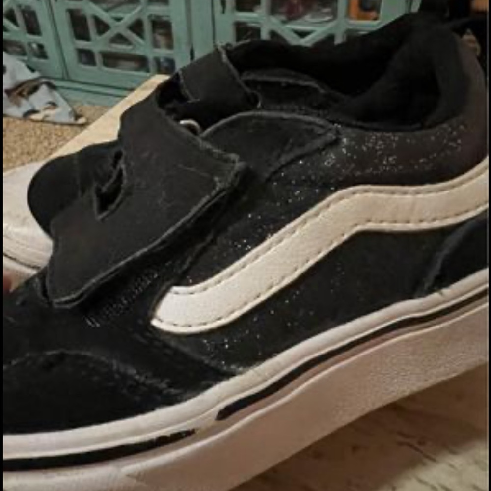 Black glitter Vans with Velcro Closure kids 10.5